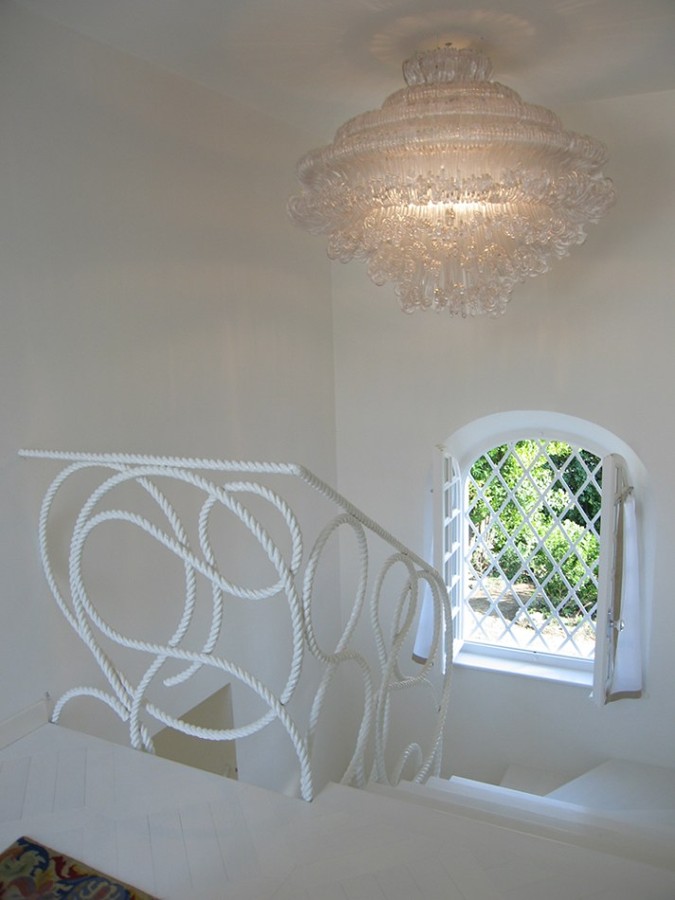 The staircase and chandelier